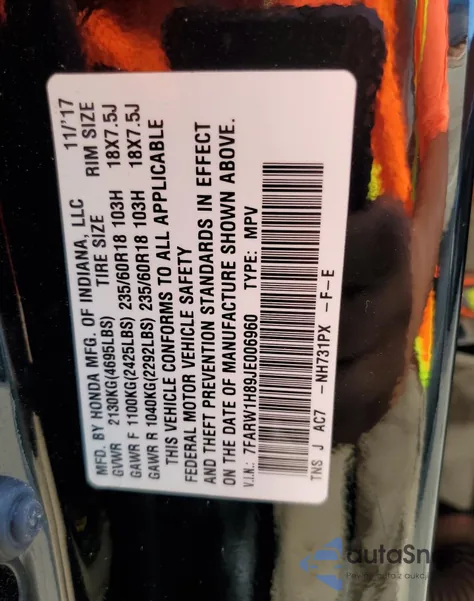 2018 Honda Cr-V Exl из США, поврежденный, VIN 7FARW1H89JE006960